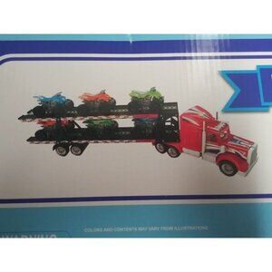 NEW Friction Powered Red Transport Trailer Detachable Semi Truck + 6 Toy bikes